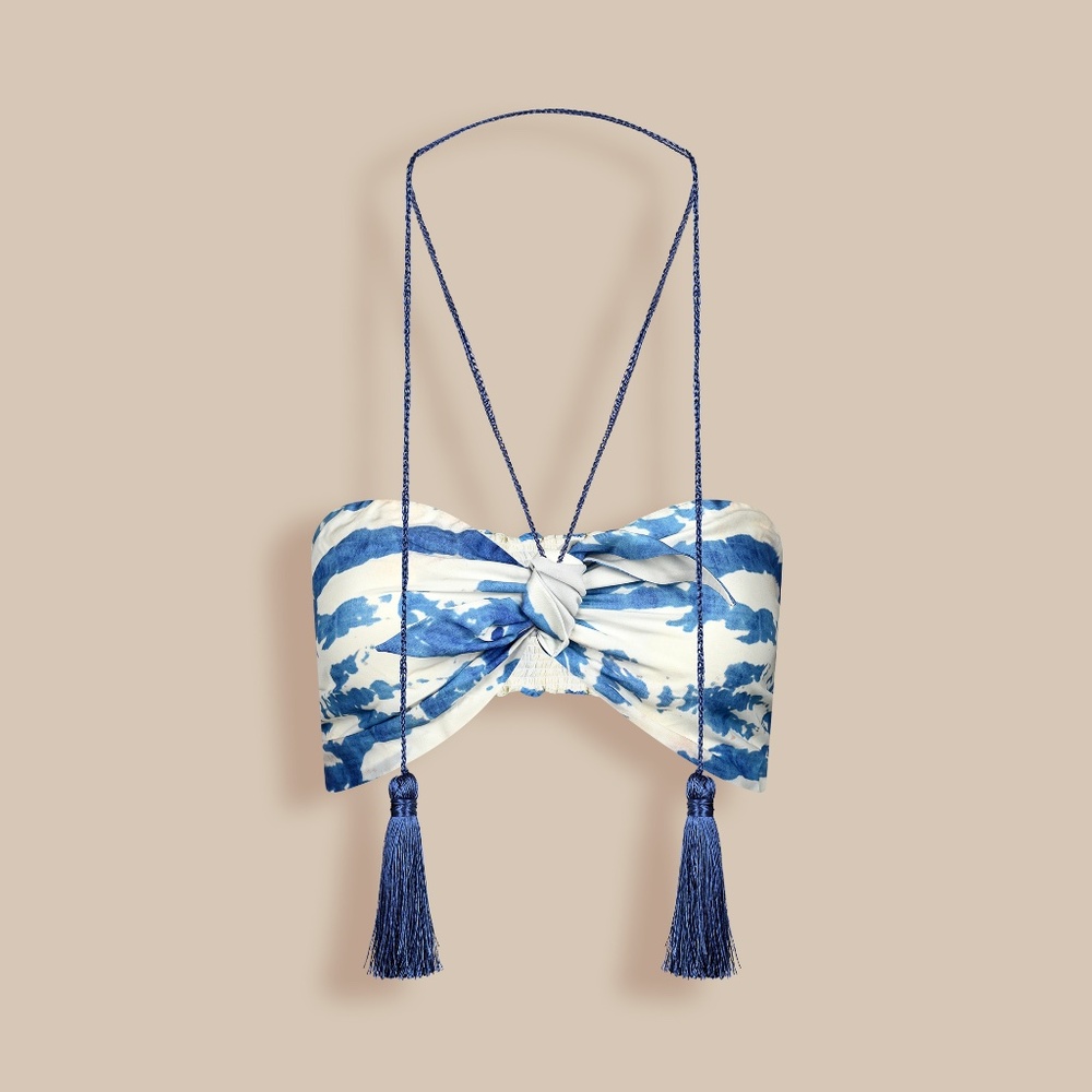 HAND PAINTED TOP WITH CROCHET TASSELS IN BLUE VISCOSE